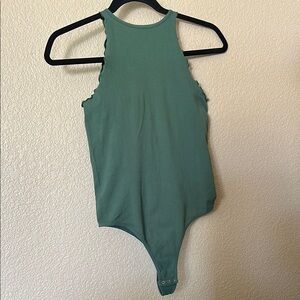 Free People Green High Neck Bodysuit with Ruffle Hem Sleeves
